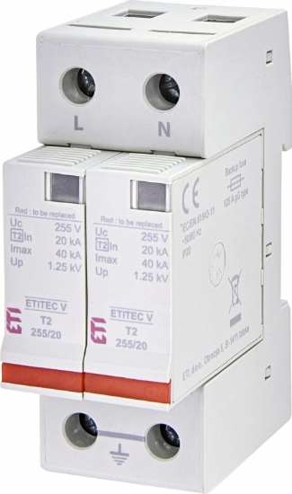 Imagine DESCARCATOR SUPRATENSIUNI, TIP 2, 2P 2MD 255VAC, SPD, MOV, TT/TN-S, 40KA, ETITEC V, 255/20 1+1